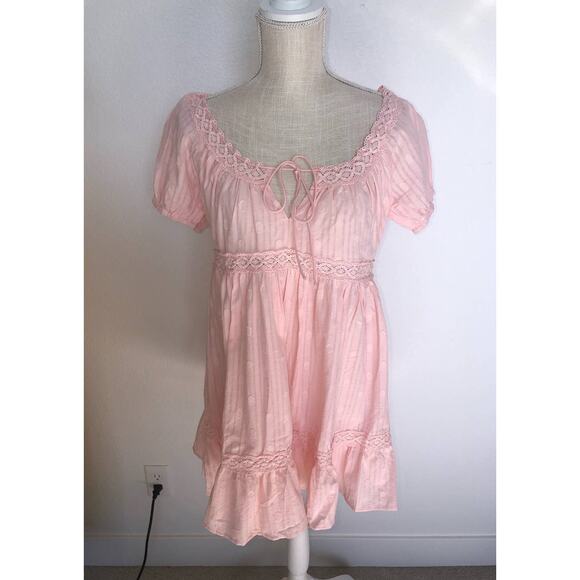 Lulus' So Darling Light Pink Dotted Puff Sleeve Ruffled Mini Dress - S - Picture 1 of 5